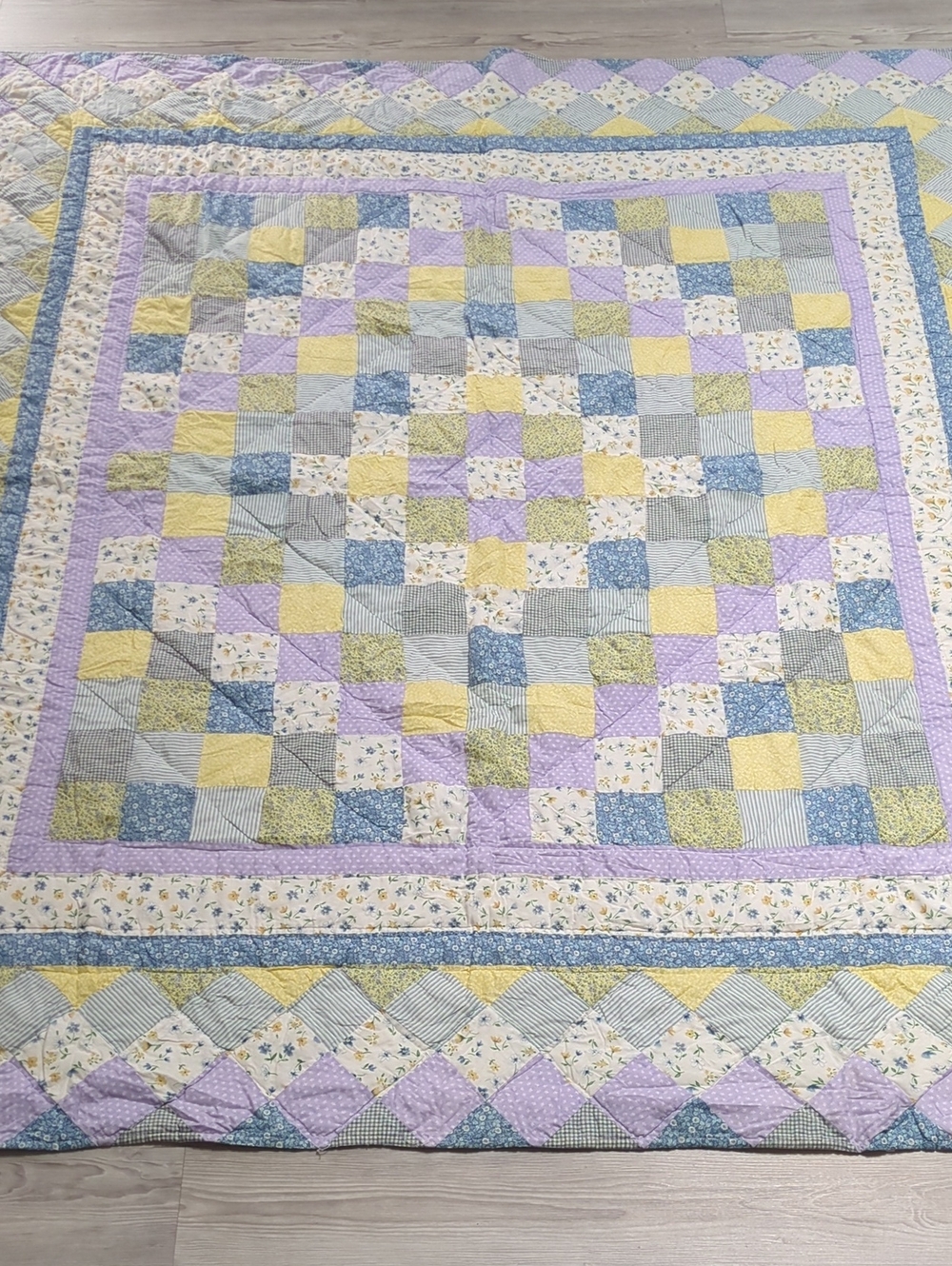 Vintage Patchwork Quilt Full Queen Cotton Blue Lavender Yellow Floral 84x94